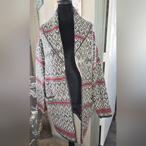 (J) Geometric Patterned Open Front Sweater